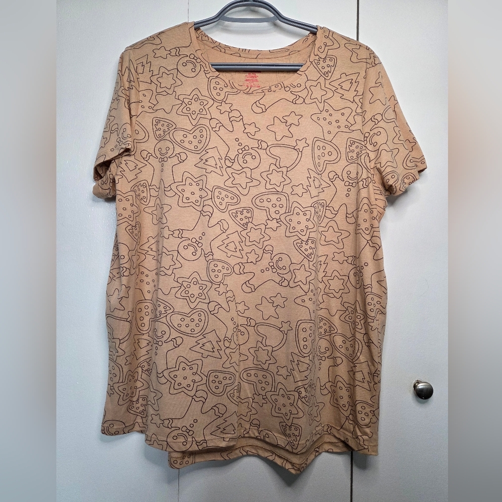 Women's XL Christmas Cookies Tan Graphic Crewneck Short Sleeve Tee